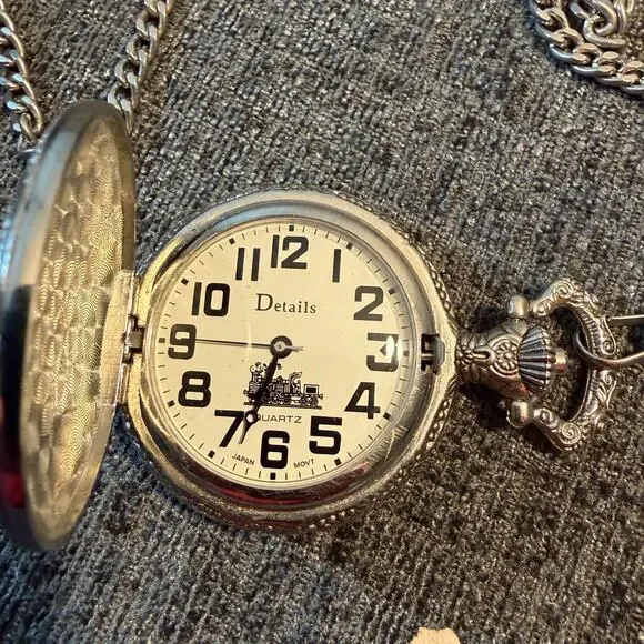 Details Pocket Watch Steam Train Locomotive Alloy Quartz Movement Chain Watch - Picture 6 of 8